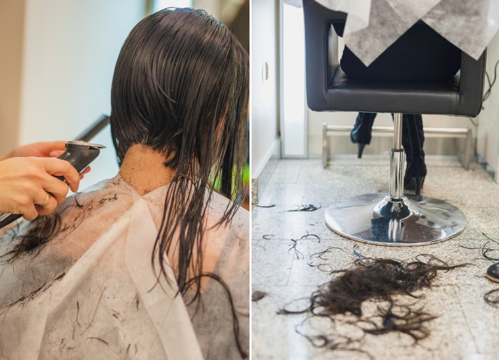 Mulher que está cortando seu cabelo longo para curto