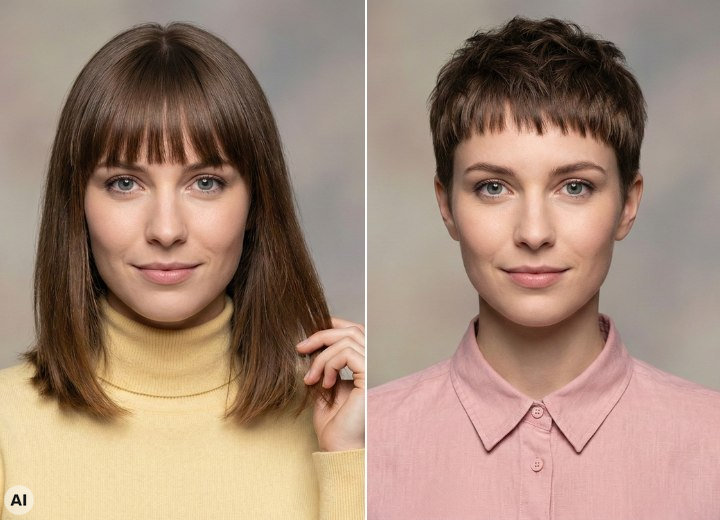 Mulher, antes e depois de uma transforma&ccedil;&atilde;o do cabelo longo para o curto