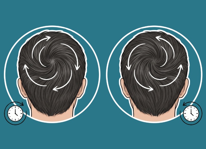 Redemoinhos de cabelo no sentido hor&aacute;rio e anti-hor&aacute;rio