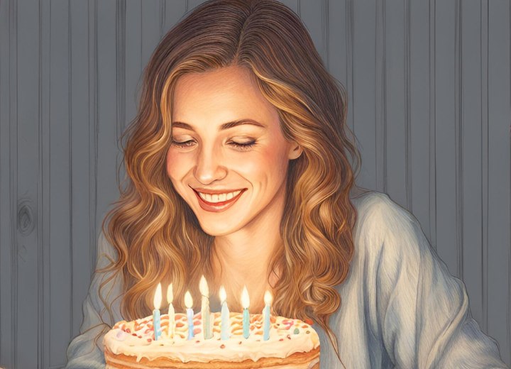 Um bolo de aniversário, velas e cabelo longo prestes a pegar fogo